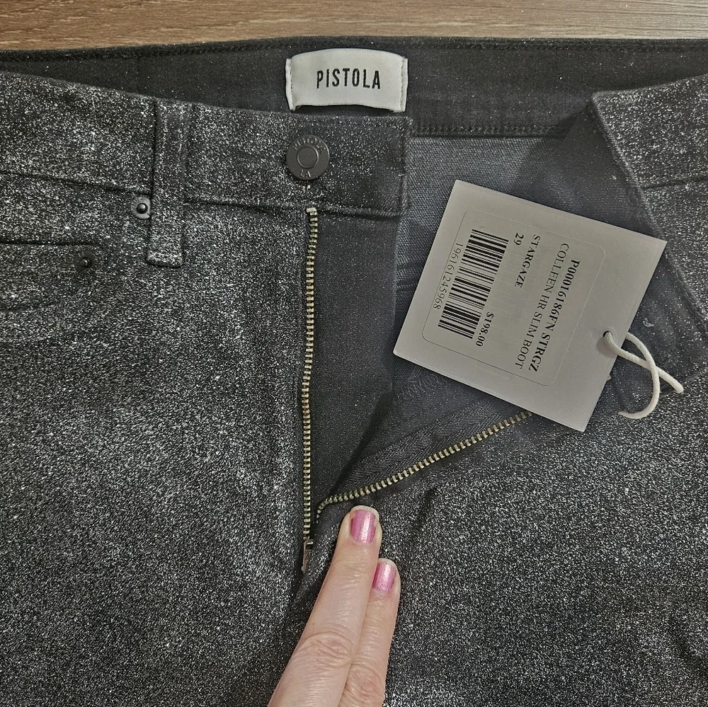 Pistola Colleen High Rise Stargaze Black Glitter Slit Bootcut Jeans 29 NWT